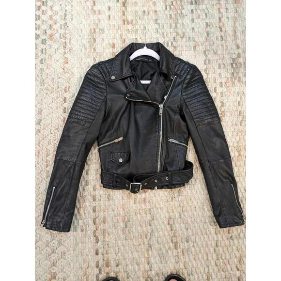 Women's Zara Small biker black 100% Sheep leather jacket-Excellent Shape - Picture 1 of 9